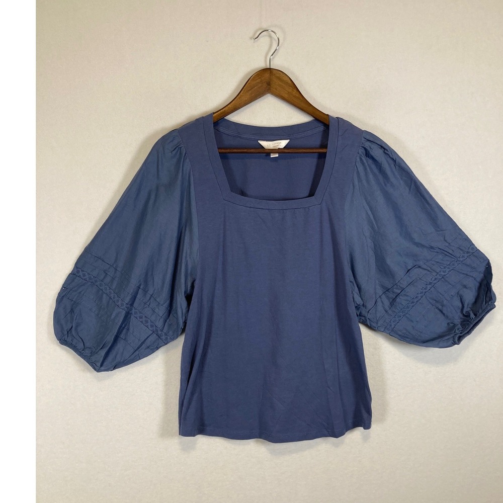 Minimalist Cottagecore Womens S Blue Puff Sleeve Eyelet Mixed‎ Media Top
